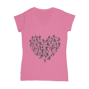 SKIING HEART_Grey Classic Women's V-Neck T-Shirt Apparel Light Pink Female S