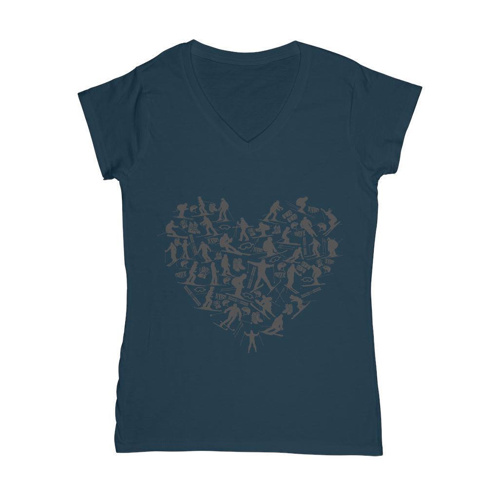 SKIING HEART_Grey Classic Women's V-Neck T-Shirt Apparel Navy Female S