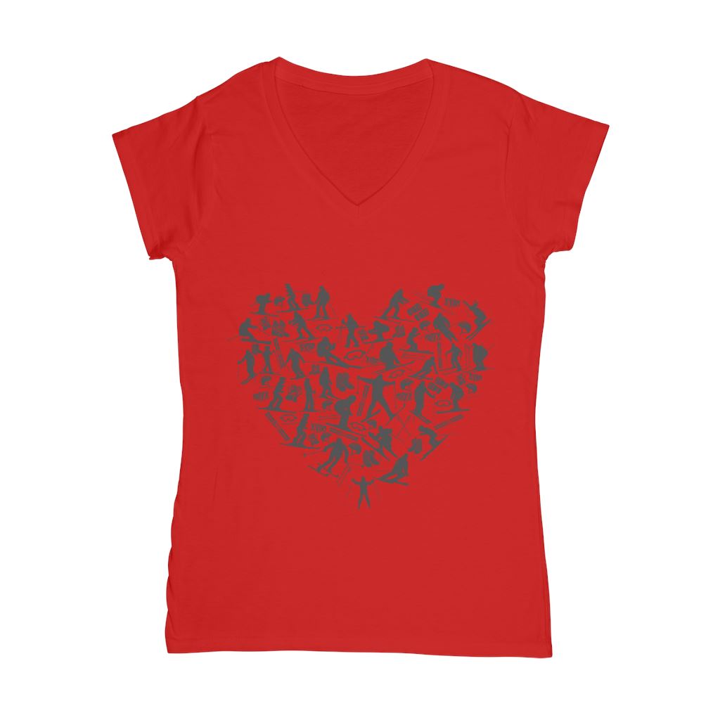 SKIING HEART_Grey Classic Women's V-Neck T-Shirt Apparel Red Female S