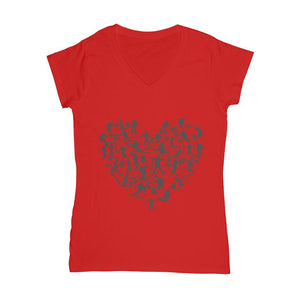 SKIING HEART_Grey Classic Women's V-Neck T-Shirt Apparel Red Female S