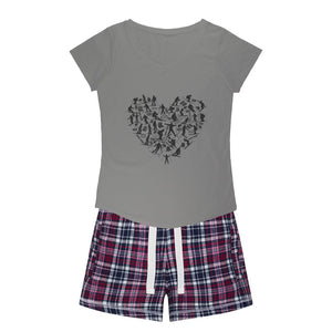 SKIING HEART_Grey Girls Sleepy Tee and Flannel Short Apparel H. Grey Tee / Navy Short XS 