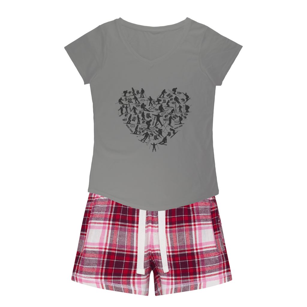 SKIING HEART_Grey Girls Sleepy Tee and Flannel Short Apparel H. Grey Tee / Red Pink Short XS 