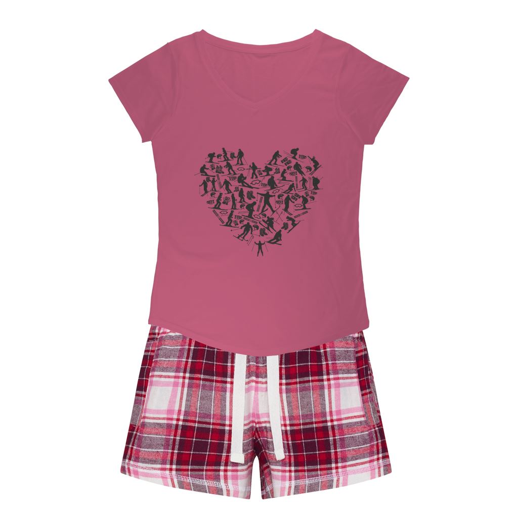 SKIING HEART_Grey Girls Sleepy Tee and Flannel Short Apparel Pink Tee / Red Pink Short XS 
