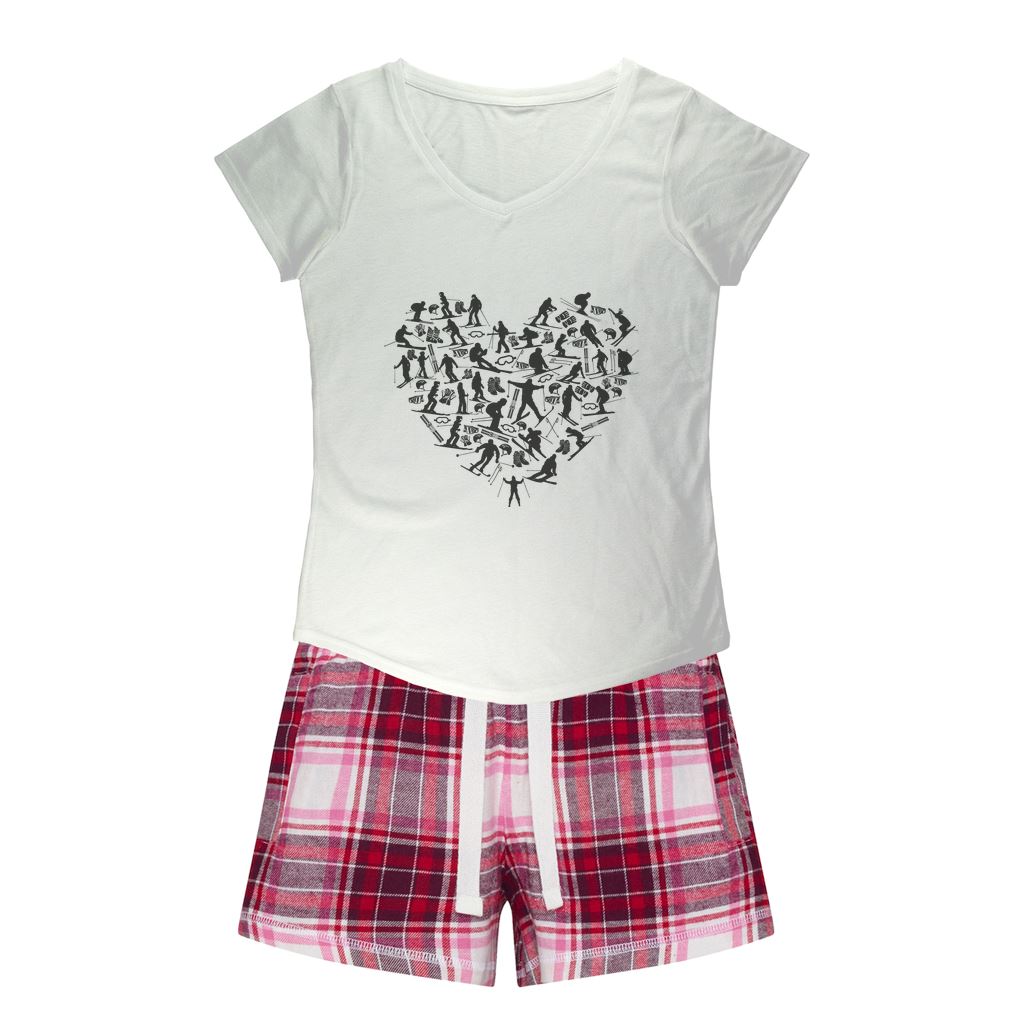 SKIING HEART_Grey Girls Sleepy Tee and Flannel Short Apparel White Tee / Red Pink Short XS 
