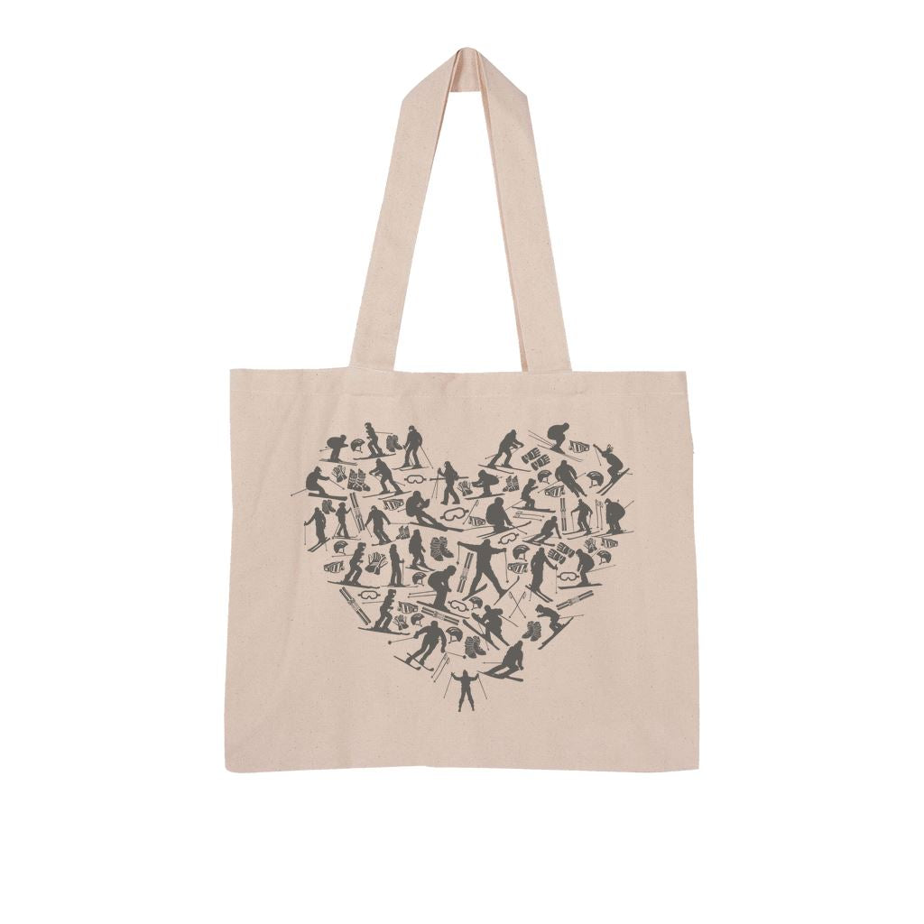SKIING HEART_Grey Large Organic Tote Bag Accessories NATURAL (UNDYED) Unisex Onesize