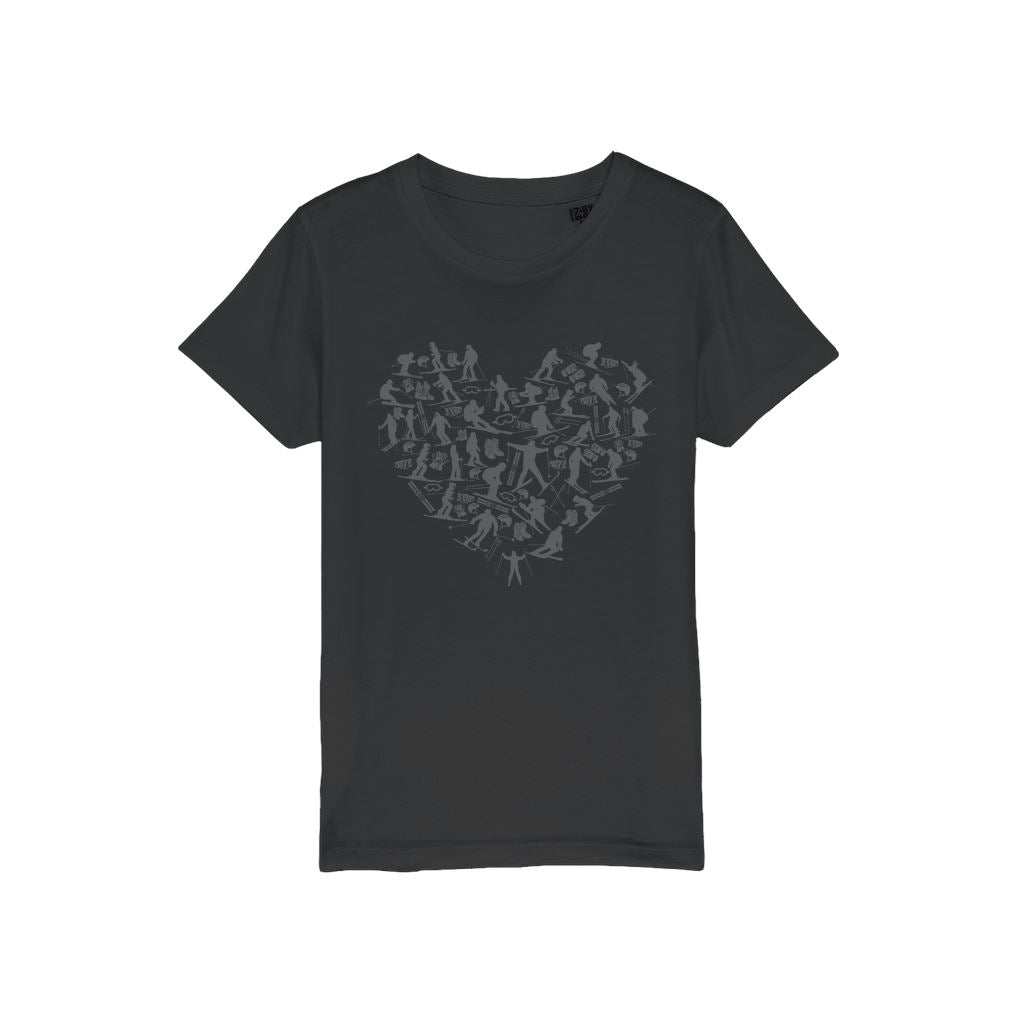 SKIING HEART_Grey Organic Jersey Kids T-Shirt Apparel Black Unisex 3/4 years