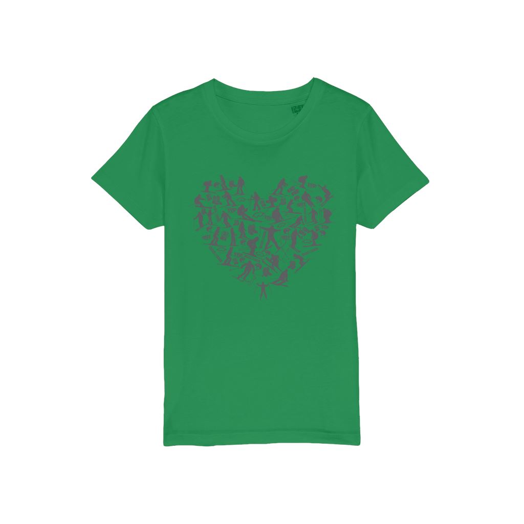 SKIING HEART_Grey Organic Jersey Kids T-Shirt Apparel Fresh Green Unisex 3/4 years
