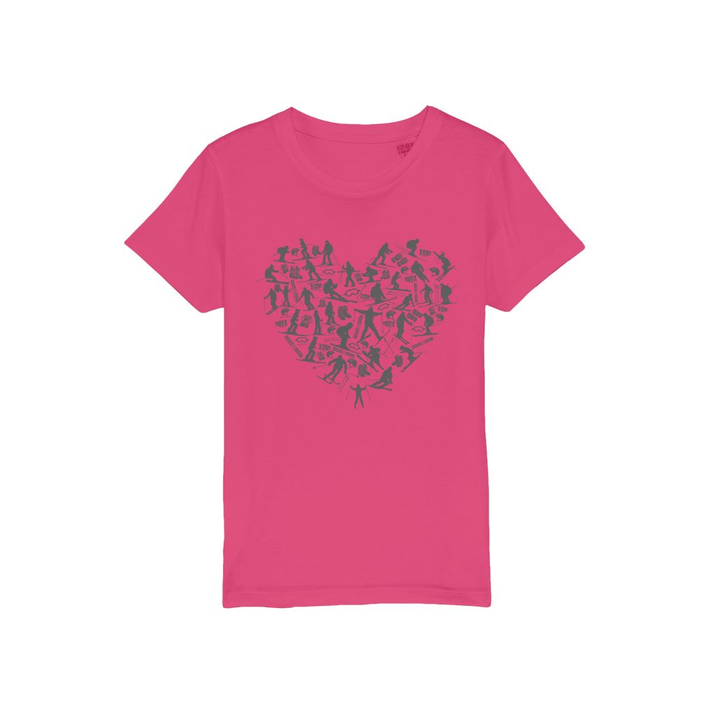 SKIING HEART_Grey Organic Jersey Kids T-Shirt Apparel Hot Pink Unisex 3/4 years