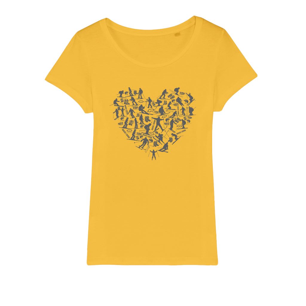 SKIING HEART_Grey Organic Jersey Womens T-Shirt Apparel Yellow Womens XS (EU) / XSS (US)
