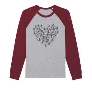 SKIING HEART_Grey Organic Raglan Long Sleeve Shirt Apparel Grey / Burgundy Unisex XS (EU) / XXS (US)