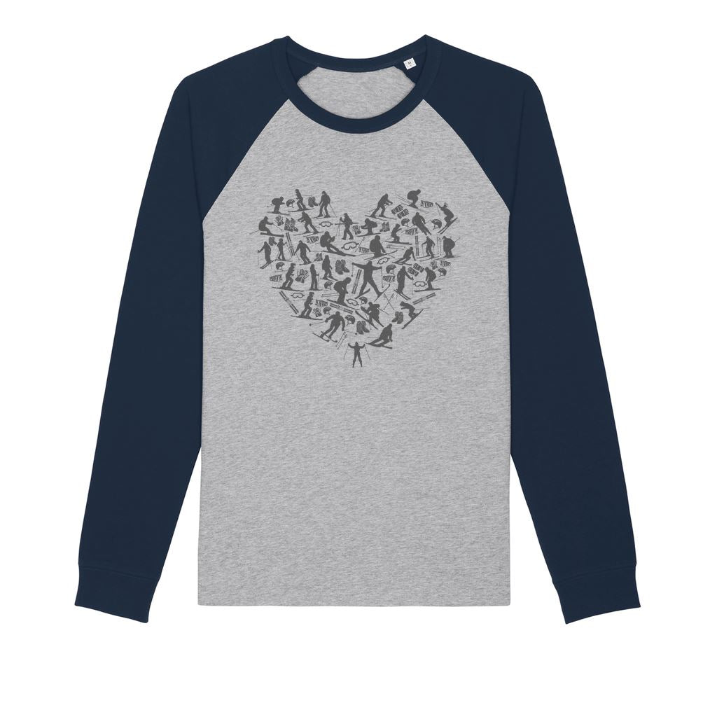 SKIING HEART_Grey Organic Raglan Long Sleeve Shirt Apparel Grey / Navy Unisex XS (EU) / XXS (US)