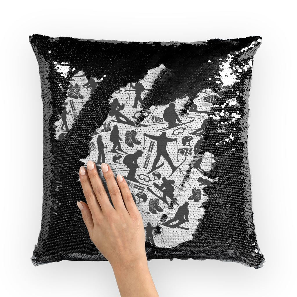 SKIING HEART_Grey Sequin Cushion Cover Homeware Black / White 