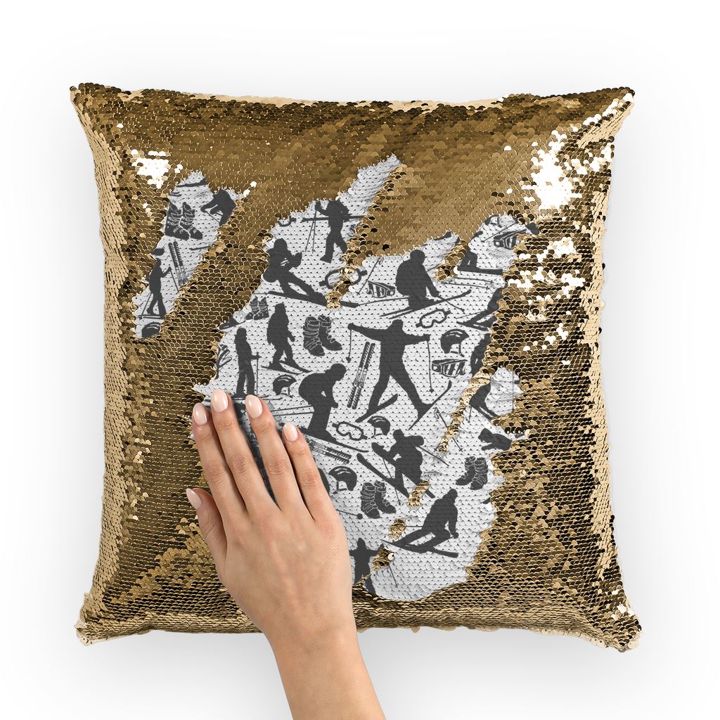 SKIING HEART_Grey Sequin Cushion Cover Homeware Gold / White 