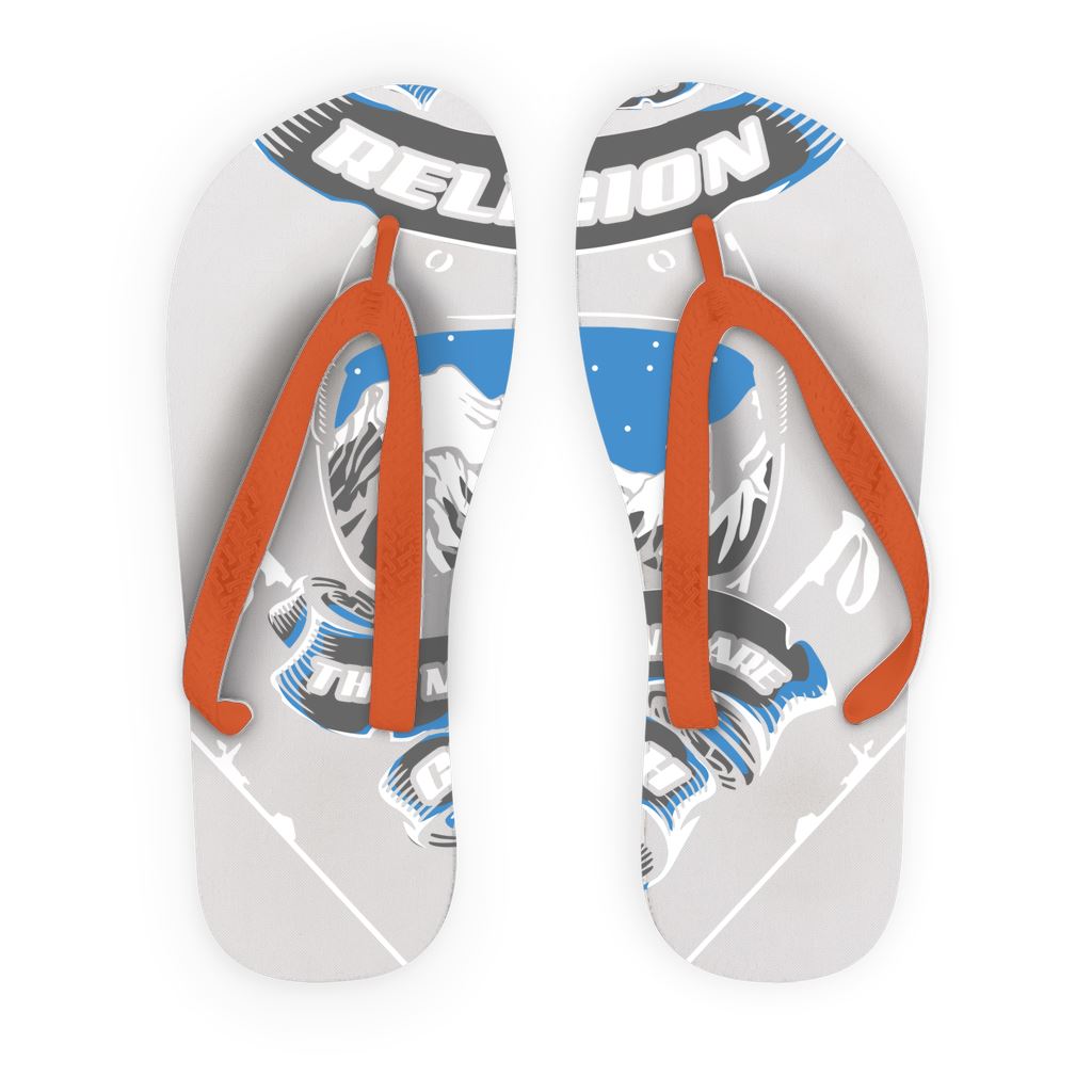 SKIING IS MY RELIGION THE MOUNTAIN IS MY CHURCH Adult Flip Flops Accessories Orange Strap S 