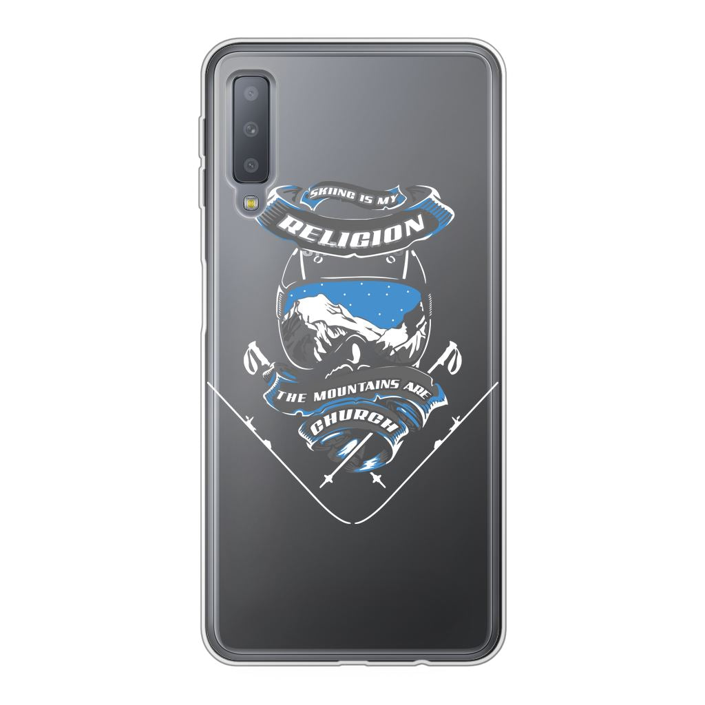 SKIING IS MY RELIGION THE MOUNTAIN IS MY CHURCH Back Printed Transparent Soft Phone Case Accessories Samsung Galaxy A7 (2018) Soft Case Transparent 