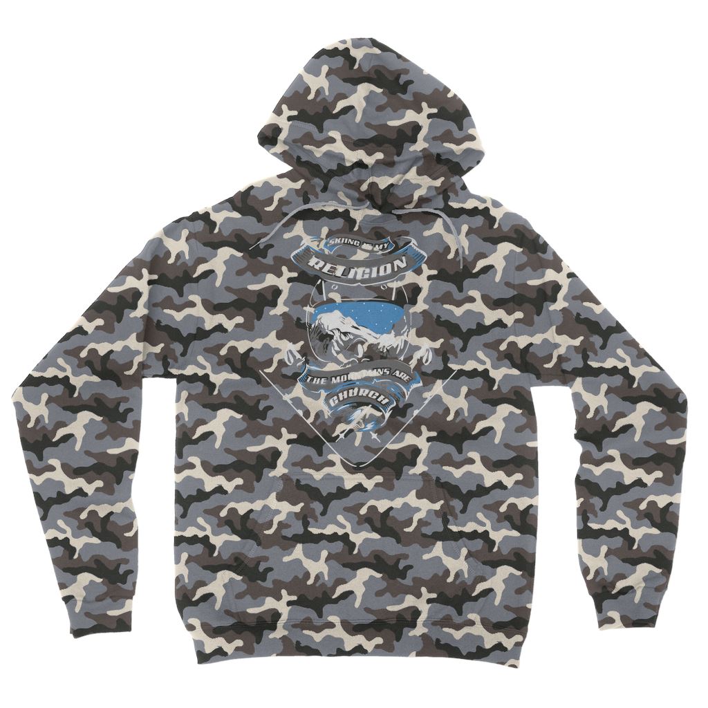 SKIING IS MY RELIGION THE MOUNTAIN IS MY CHURCH Camouflage Adult Hoodie Apparel Grey Camo S 