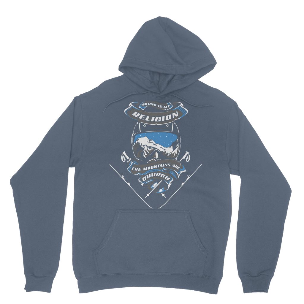 SKIING IS MY RELIGION THE MOUNTAIN IS MY CHURCH Classic Adult Hoodie Apparel Airforce Blue XS 