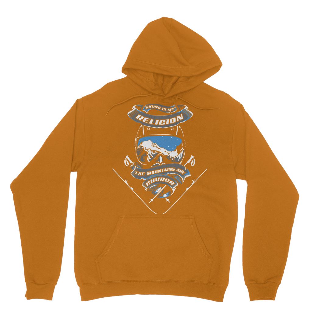 SKIING IS MY RELIGION THE MOUNTAIN IS MY CHURCH Classic Adult Hoodie Apparel Orange XS 