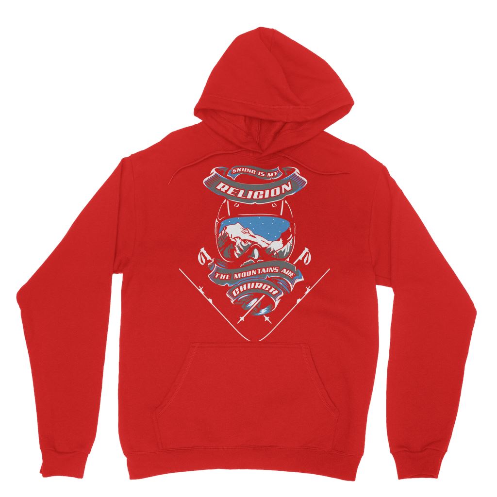 SKIING IS MY RELIGION THE MOUNTAIN IS MY CHURCH Classic Adult Hoodie Apparel Red XS 