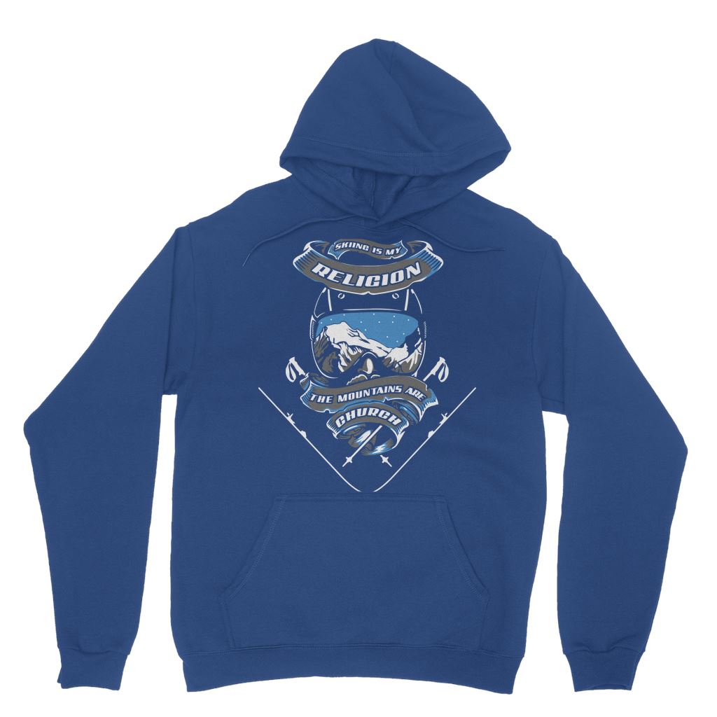 SKIING IS MY RELIGION THE MOUNTAIN IS MY CHURCH Classic Adult Hoodie Apparel Royal Blue XS 