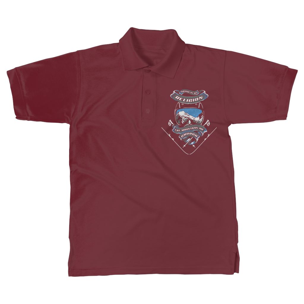 SKIING IS MY RELIGION THE MOUNTAIN IS MY CHURCH Classic Adult Polo Shirt Apparel Maroon Unisex S