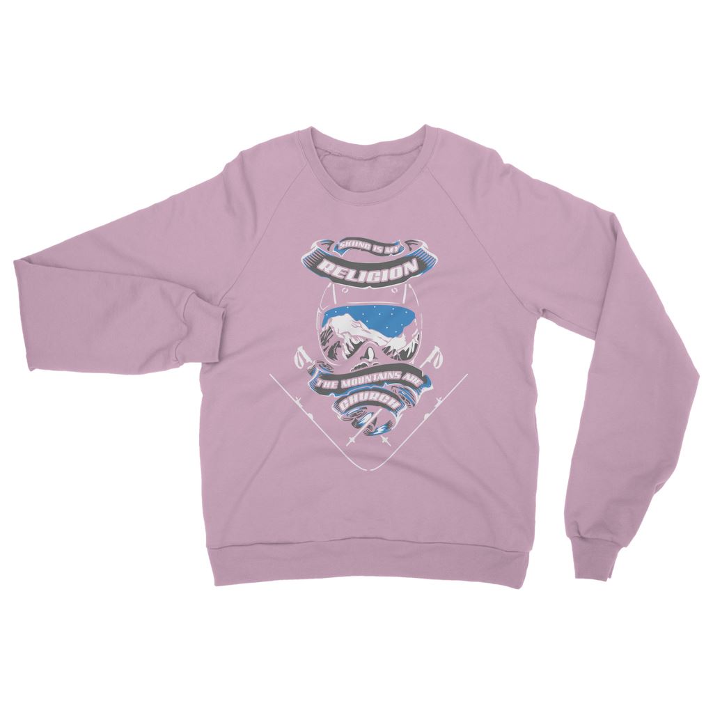 SKIING IS MY RELIGION THE MOUNTAIN IS MY CHURCH Classic Adult Sweatshirt Apparel Light Pink S 