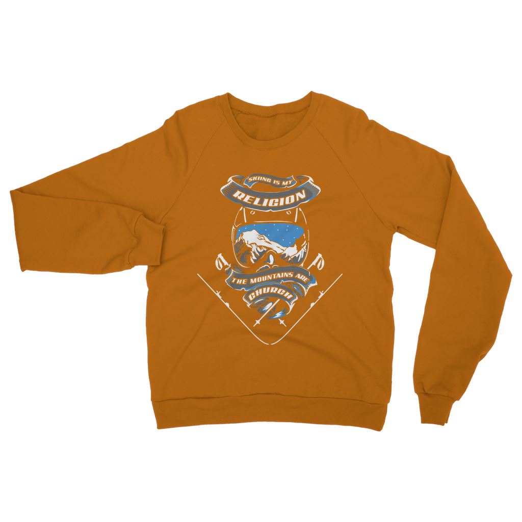SKIING IS MY RELIGION THE MOUNTAIN IS MY CHURCH Classic Adult Sweatshirt Apparel Orange S 