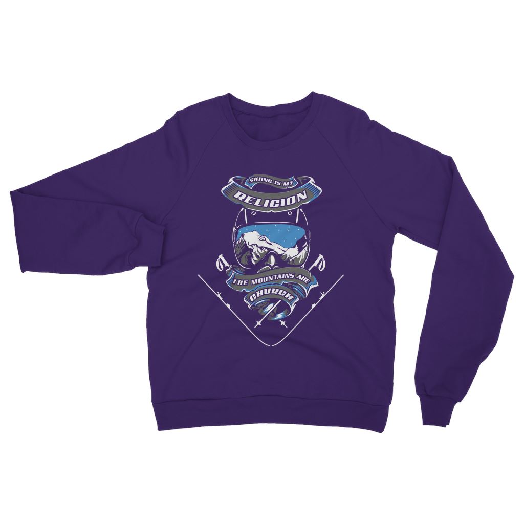 SKIING IS MY RELIGION THE MOUNTAIN IS MY CHURCH Classic Adult Sweatshirt Apparel Purple S 