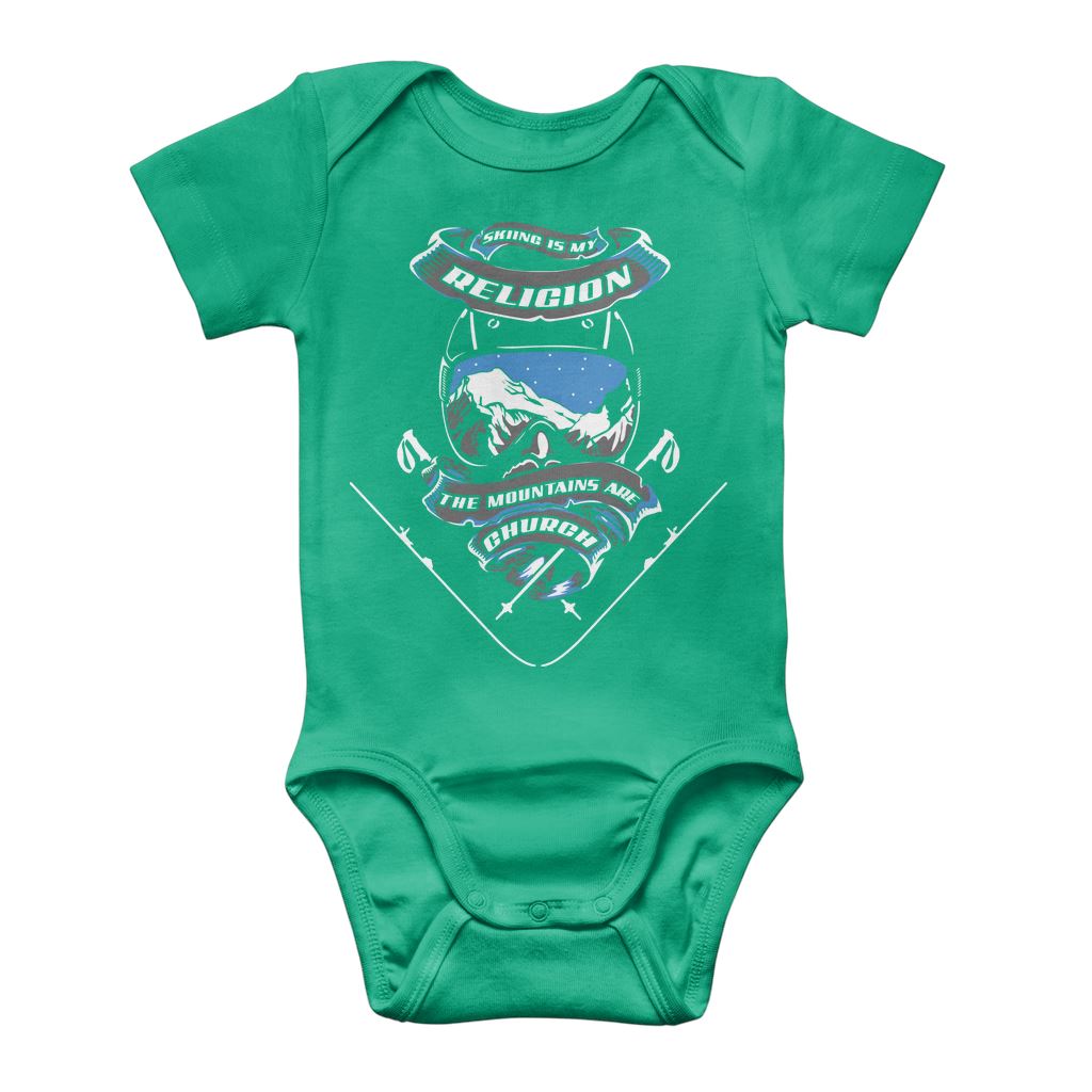 SKIING IS MY RELIGION THE MOUNTAIN IS MY CHURCH Classic Baby Onesie Bodysuit Apparel Kelly Green 0 to 3 Months 