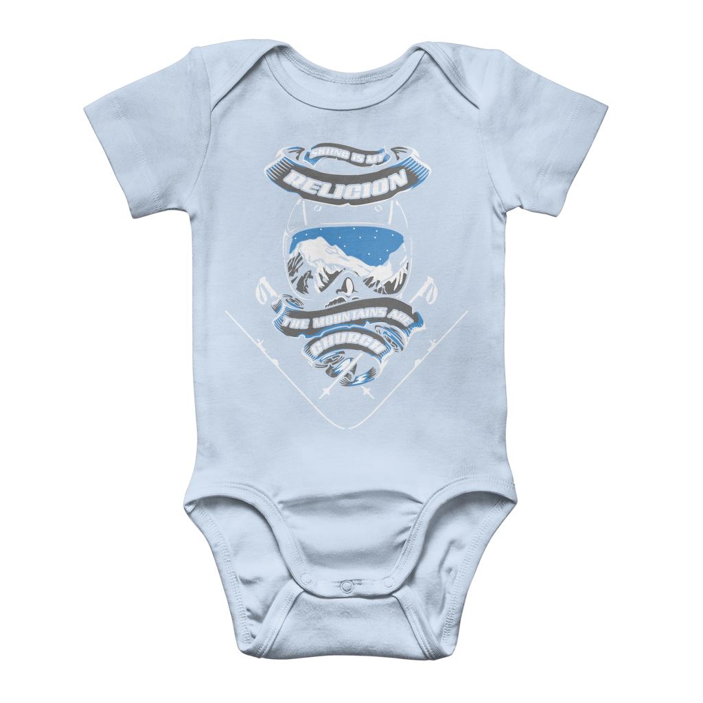 SKIING IS MY RELIGION THE MOUNTAIN IS MY CHURCH Classic Baby Onesie Bodysuit Apparel Light Blue 0 to 3 Months 