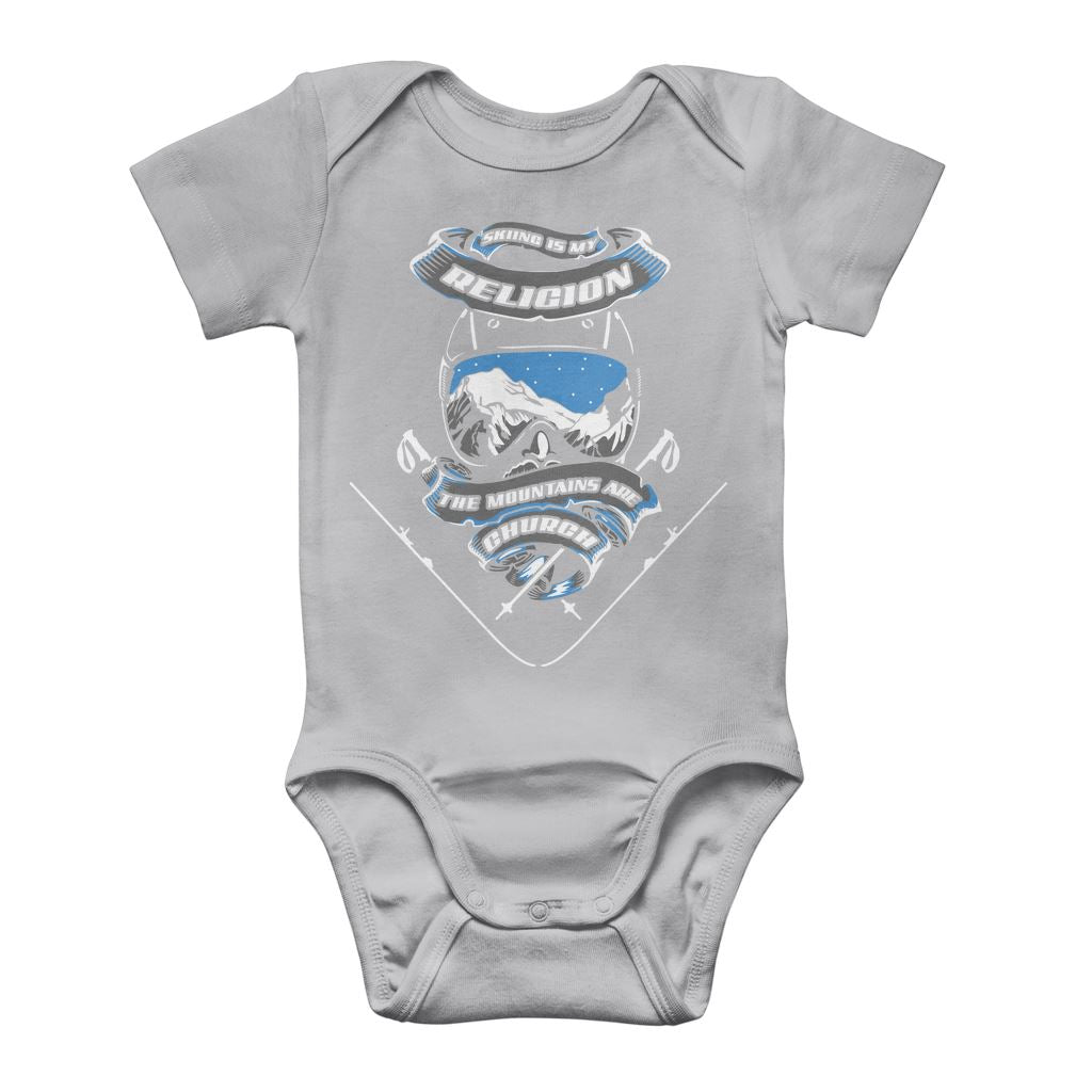 SKIING IS MY RELIGION THE MOUNTAIN IS MY CHURCH Classic Baby Onesie Bodysuit Apparel Light Grey 0 to 3 Months 