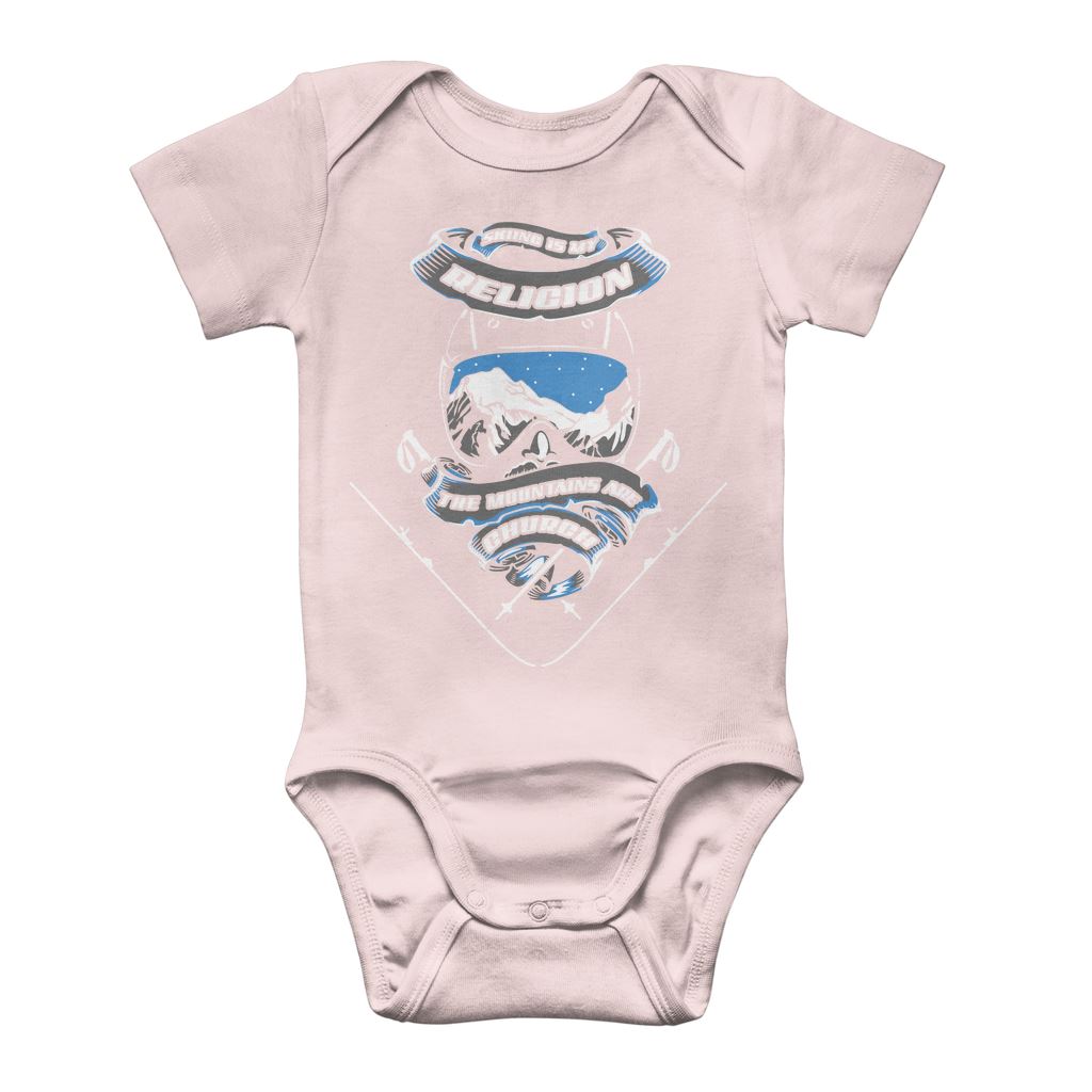 SKIING IS MY RELIGION THE MOUNTAIN IS MY CHURCH Classic Baby Onesie Bodysuit Apparel Light Pink 0 to 3 Months 