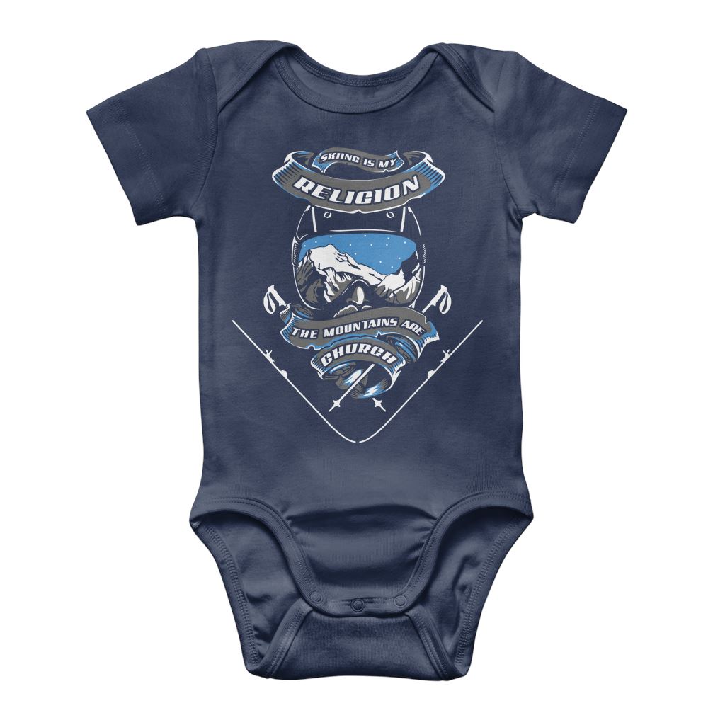 SKIING IS MY RELIGION THE MOUNTAIN IS MY CHURCH Classic Baby Onesie Bodysuit Apparel Navy 0 to 3 Months 