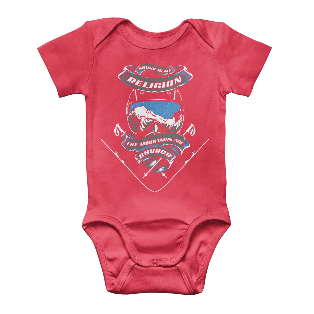 SKIING IS MY RELIGION THE MOUNTAIN IS MY CHURCH Classic Baby Onesie Bodysuit Apparel Red 0 to 3 Months 