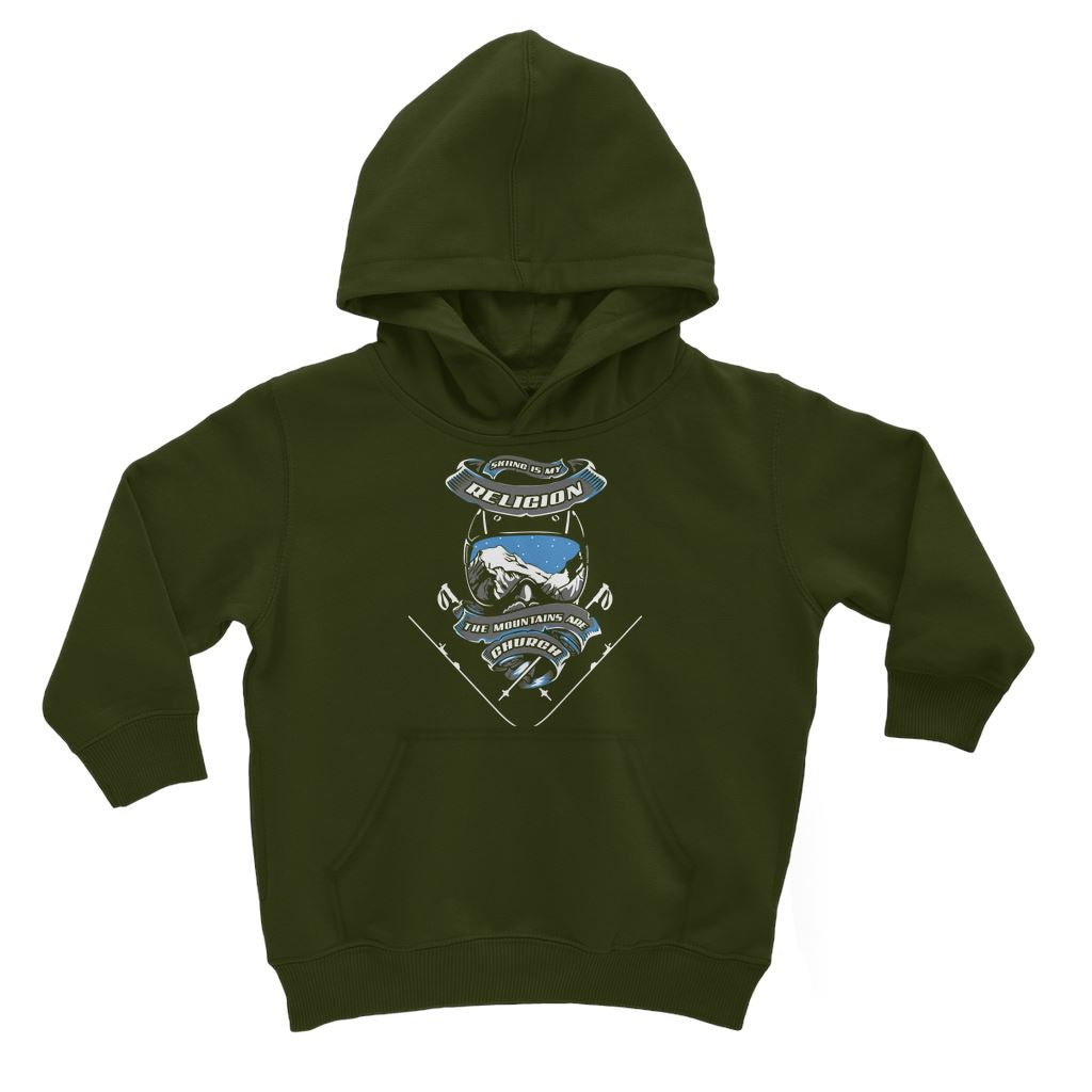 SKIING IS MY RELIGION THE MOUNTAIN IS MY CHURCH Classic Kids Hoodie Apparel Dark Green 3 to 4 Years 