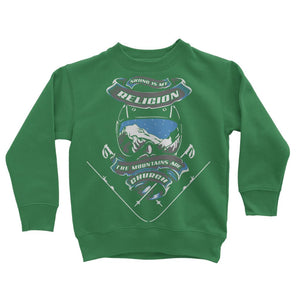 SKIING IS MY RELIGION THE MOUNTAIN IS MY CHURCH Classic Kids Sweatshirt Apparel Kelly Green 3 to 4 Years 