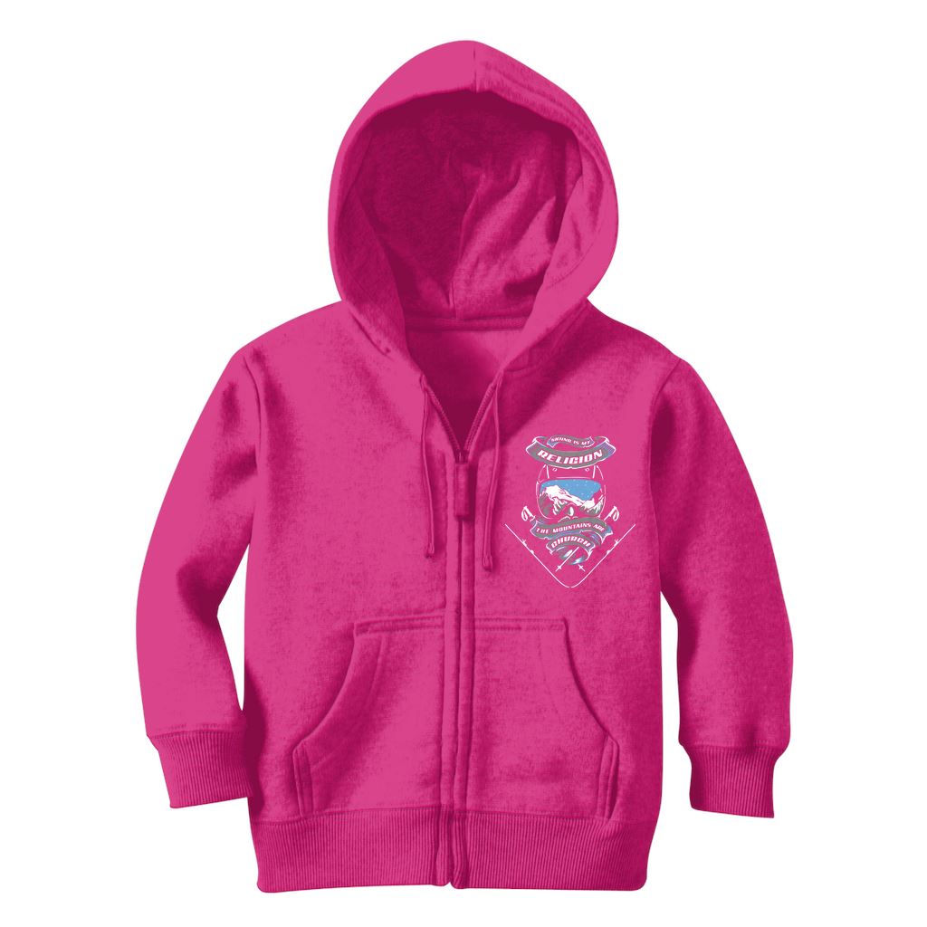 SKIING IS MY RELIGION THE MOUNTAIN IS MY CHURCH Classic Kids Zip Hoodie Apparel Hot Pink 3 to 4 Years 