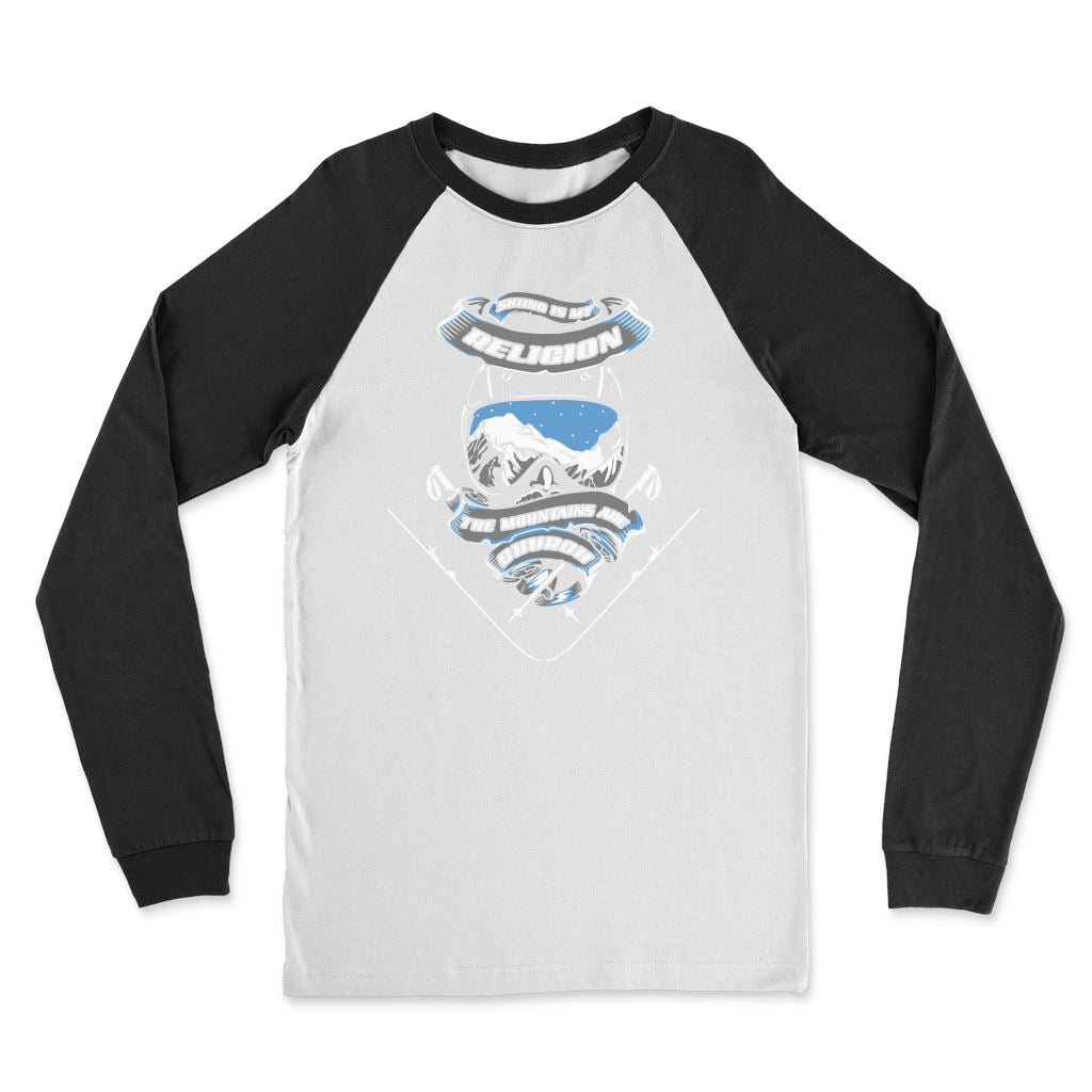 SKIING IS MY RELIGION THE MOUNTAIN IS MY CHURCH Classic Raglan Long Sleeve Shirt Apparel Black / White Unisex S