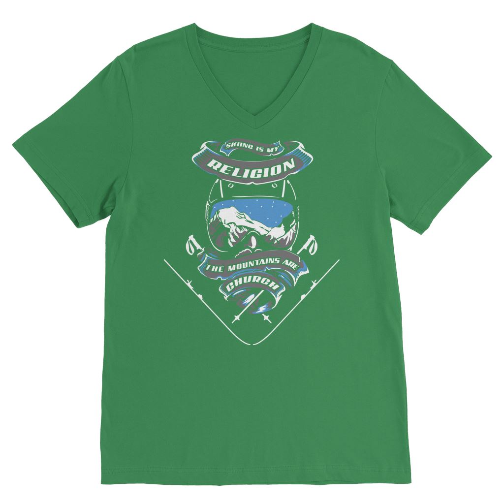 SKIING IS MY RELIGION THE MOUNTAIN IS MY CHURCH Classic V-Neck T-Shirt Apparel Kelly Green Unisex S