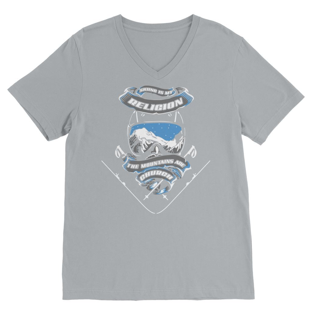 SKIING IS MY RELIGION THE MOUNTAIN IS MY CHURCH Classic V-Neck T-Shirt Apparel Light Grey Unisex S