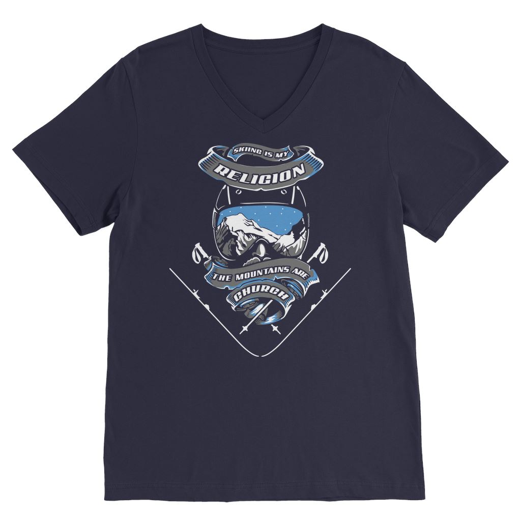 SKIING IS MY RELIGION THE MOUNTAIN IS MY CHURCH Classic V-Neck T-Shirt Apparel Navy Unisex S