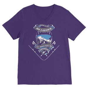 SKIING IS MY RELIGION THE MOUNTAIN IS MY CHURCH Classic V-Neck T-Shirt Apparel Purple Unisex S