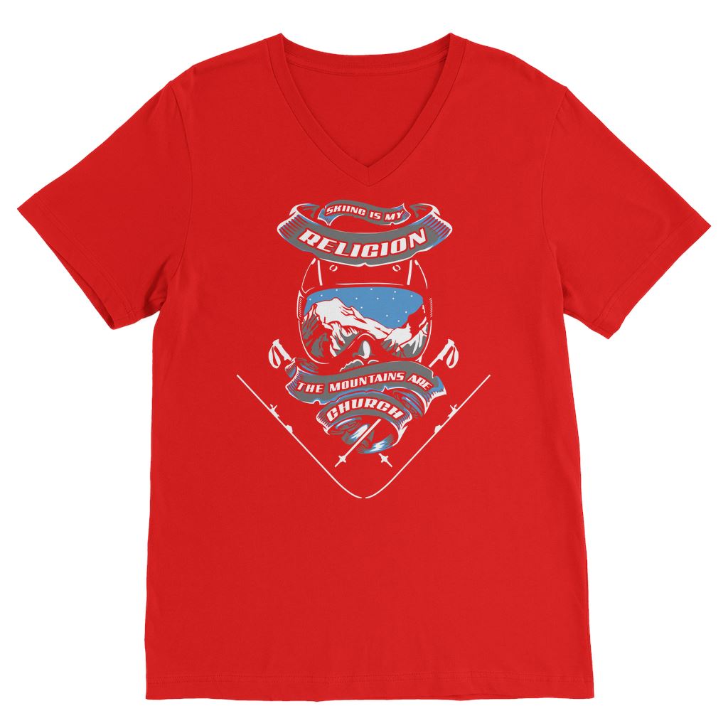 SKIING IS MY RELIGION THE MOUNTAIN IS MY CHURCH Classic V-Neck T-Shirt Apparel Red Unisex S