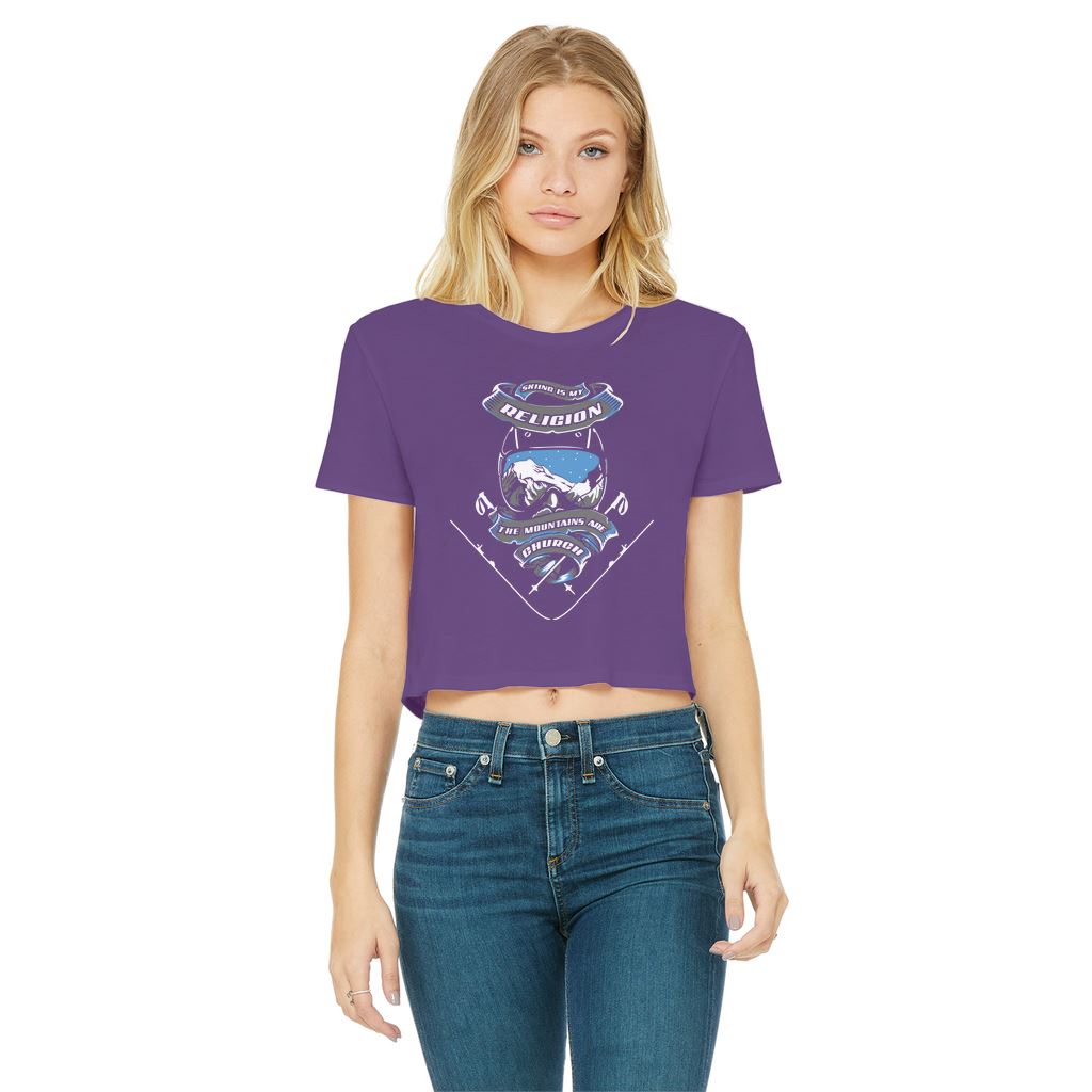 SKIING IS MY RELIGION THE MOUNTAIN IS MY CHURCH Classic Women's Cropped Raw Edge T-Shirt Apparel Purple Female S