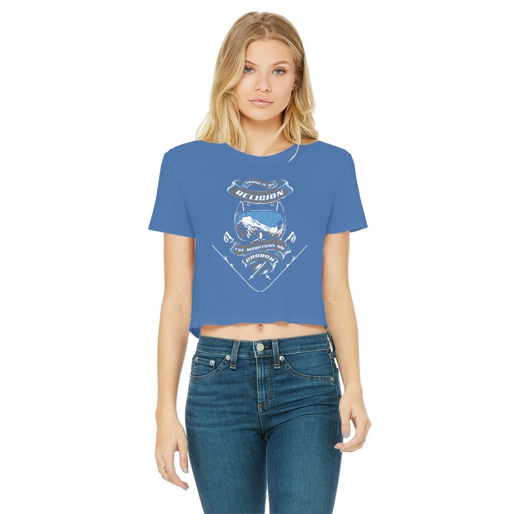 SKIING IS MY RELIGION THE MOUNTAIN IS MY CHURCH Classic Women's Cropped Raw Edge T-Shirt Apparel Royal Blue Female S