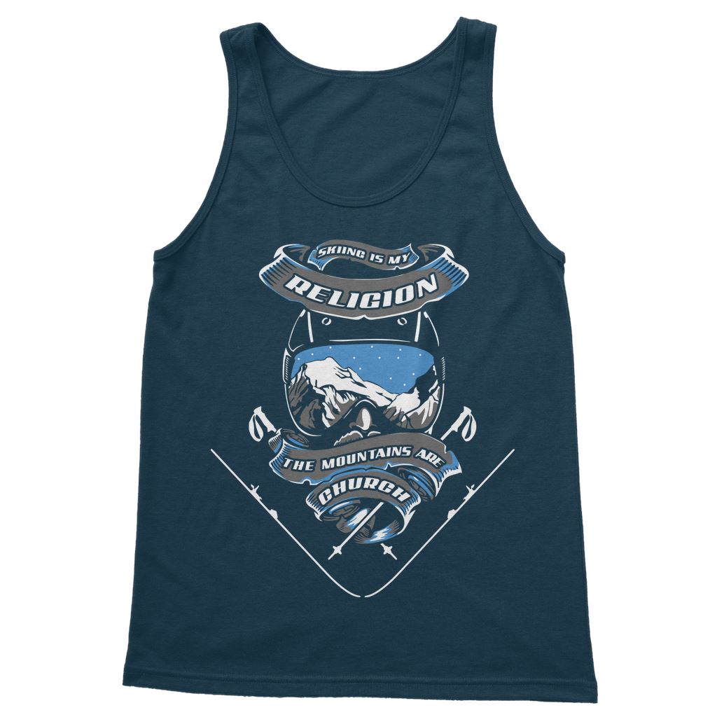 SKIING IS MY RELIGION THE MOUNTAIN IS MY CHURCH Classic Women's Tank Top Apparel Navy S 
