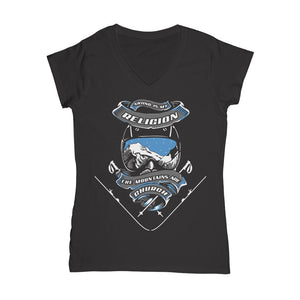 SKIING IS MY RELIGION THE MOUNTAIN IS MY CHURCH Classic Women's V-Neck T-Shirt Apparel Black Female S