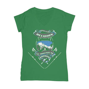 SKIING IS MY RELIGION THE MOUNTAIN IS MY CHURCH Classic Women's V-Neck T-Shirt Apparel Kelly Green Female S