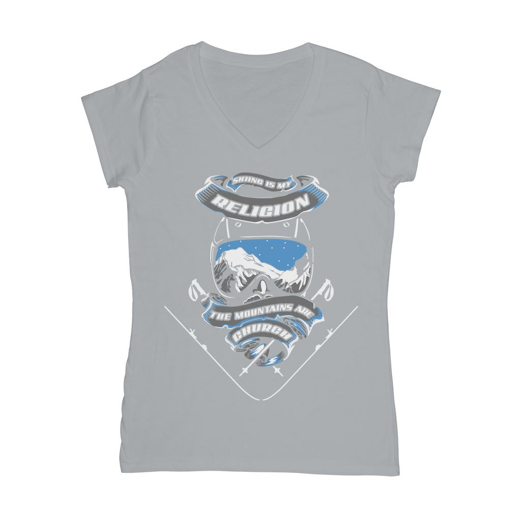 SKIING IS MY RELIGION THE MOUNTAIN IS MY CHURCH Classic Women's V-Neck T-Shirt Apparel Light Grey Female S