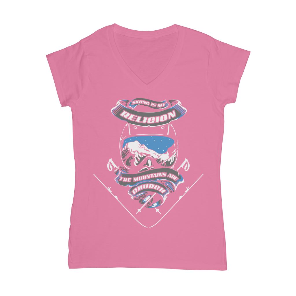 SKIING IS MY RELIGION THE MOUNTAIN IS MY CHURCH Classic Women's V-Neck T-Shirt Apparel Light Pink Female S
